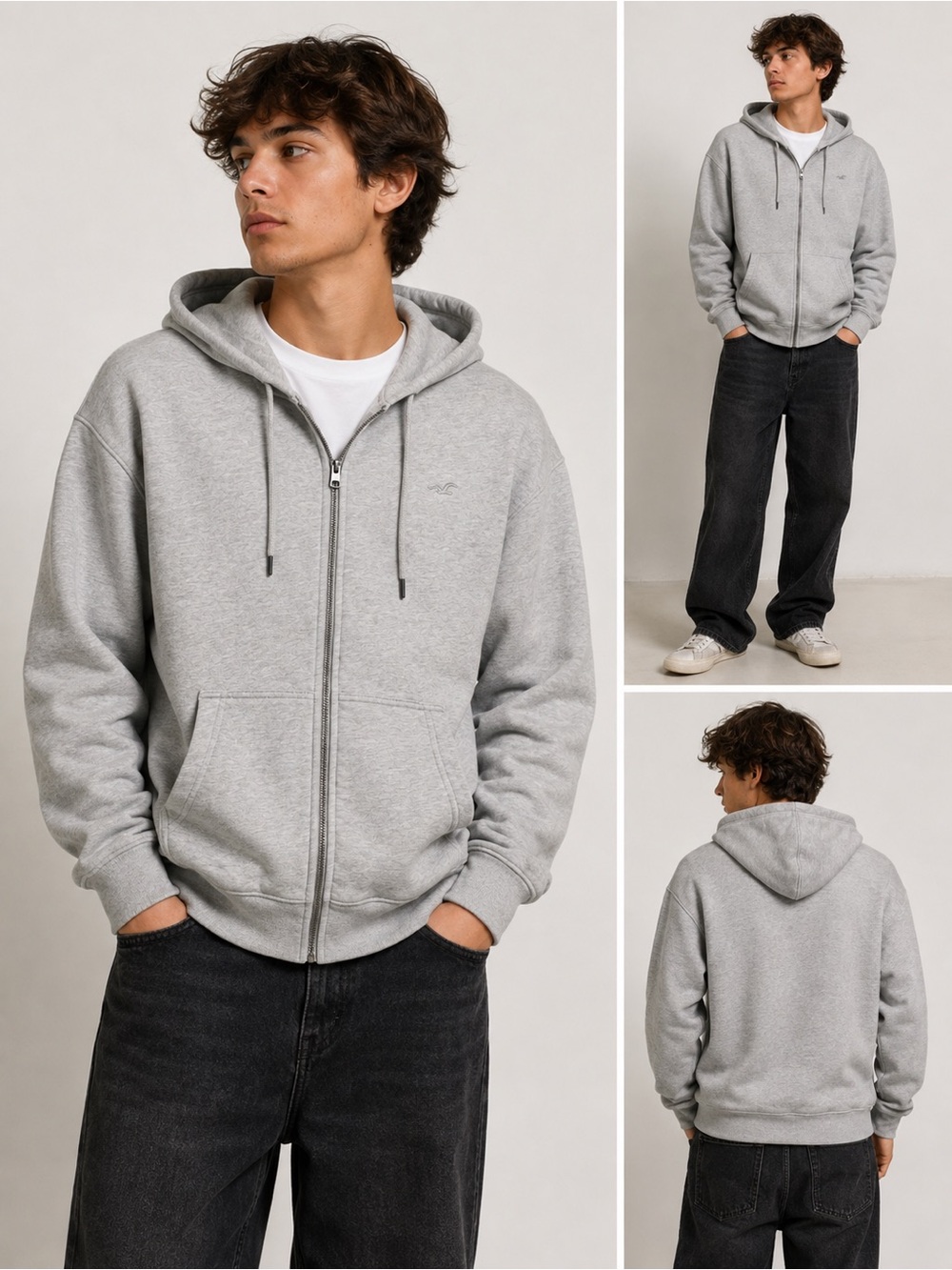 Hollister Men’s XS Gray Full-Zip Hoodie Relaxed Fit Embroidered Logo